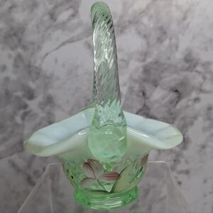 Fenton opalescent willow green mini basket hand-painted flowers Signed Glass